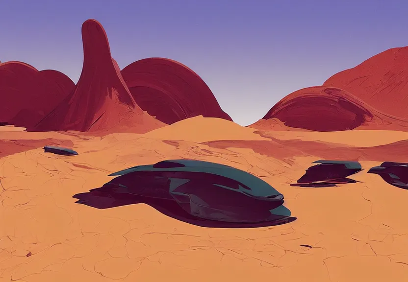 Image similar to a futuristic desert, illustration in the style of Syd Mead