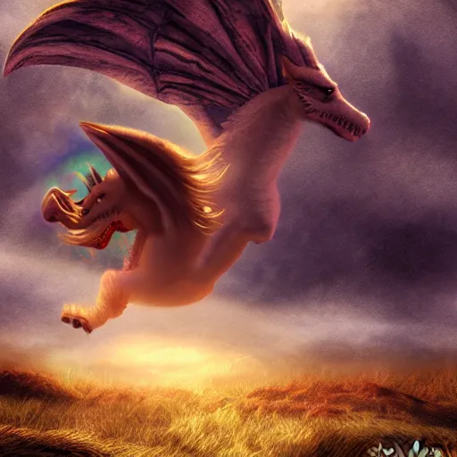 Prompt: falcor the luck dragon in the neverending story flying bravely through the nothing epic storm. digital art, volumetric lighting. fantasy award winning artwork