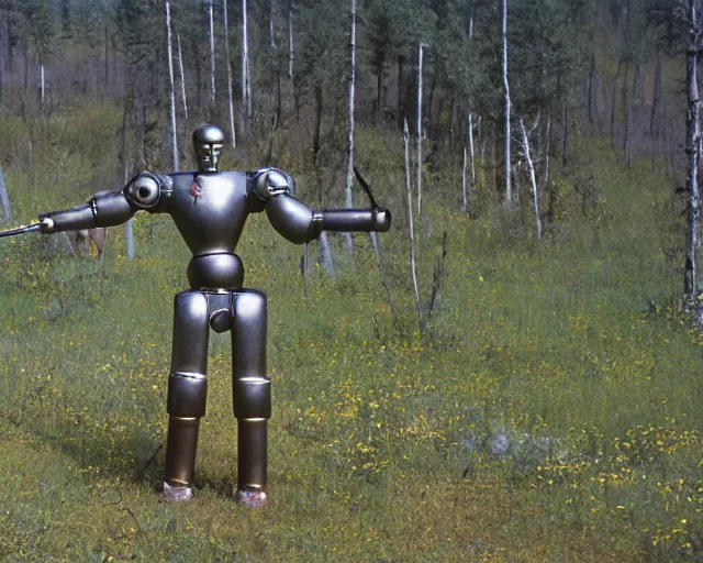 Prompt: middle shot, ancient greek robot warrior standing in front of altai forest with a sword, circa 1 9 8 4, detailed photo