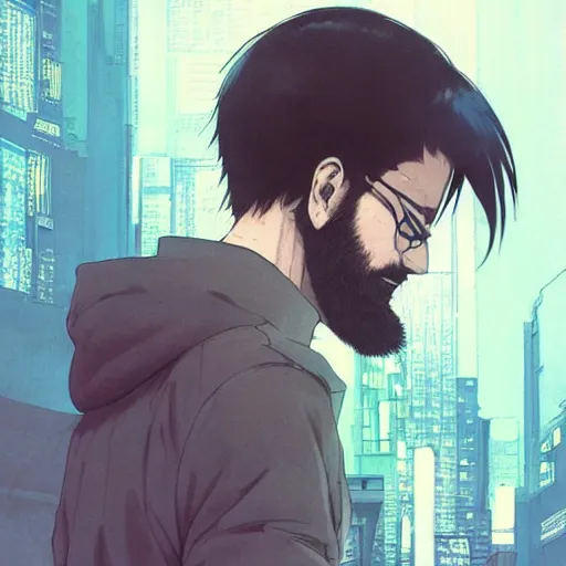 Prompt: concept art character, very high angle view, book cover, very attractive man with beard, walking in cyberpunk valley highly realistic shaded Perfect face, fine details, Anime. realistic shaded lighting by Ilya Kuvshinov katsuhiro otomo ghost-in-the-shell, magali villeneuve, artgerm, rutkowski, WLOP Jeremy Lipkin and Giuseppe Dangelico Pino, borderlands 3 style, Michael Garmash and Rob Rey book cover, deep shadows, , extremely fine inking lines