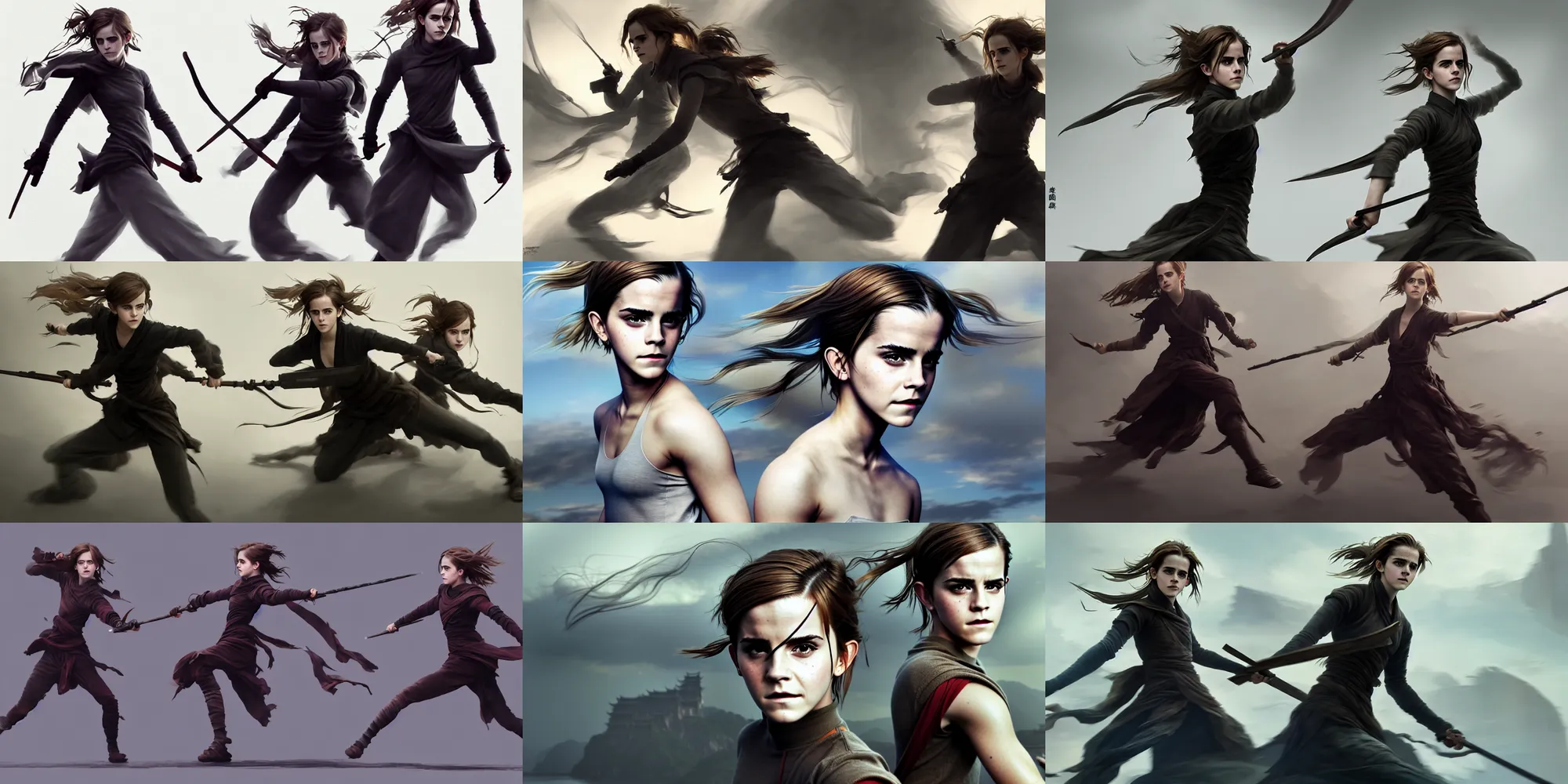 Prompt: emma watson warface emma watson photo emma watson portrait twin sisters action motion poses motion blur taolu gunshu staff taolu jianshu, nanquan, changquan, daoshu, gunshu, qiangshu, nandao and nangun sketch greg rutkowski extreme fractal foreshortening founding masters 祖 師