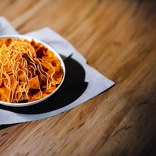 Prompt: doritos branded ramen with doritos as topping. photography. food photoshoot. advertisment photography. 4 k. realistic.