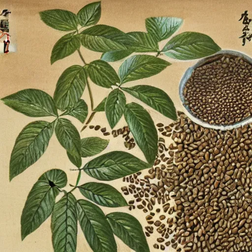 Image similar to Japanese illustration of an Italian coffee maker, surrounded by coffee seeds and plants in a beautiful environment, extreme detail