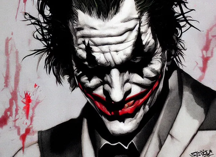 Image similar to a highly detailed beautiful portrait of the joker by yoji shinkawa