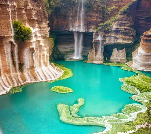Image similar to other worldly elegant fancy city, high-end civilization, luxurious onsens, with lush expensive Singaporean sakura season, Greek bathhouse, onsens, located on Waimea canyon in Kauai, Pamukkale, beautiful smooth sandstone in unique shapes with light beams that shine through its walls, gold striated interstellar swirling finish, white travertine terraces, digital painting, concept art, smooth, sharp focus, from Star Trek 2021, illustration, by WLOP and Ruan Jia and Mandy Jurgens and William-Adolphe Bouguereau, Artgerm