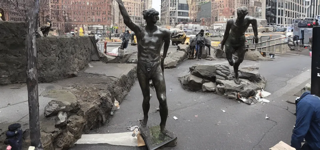 Prompt: statue of david stolen, police find under bridge in new york