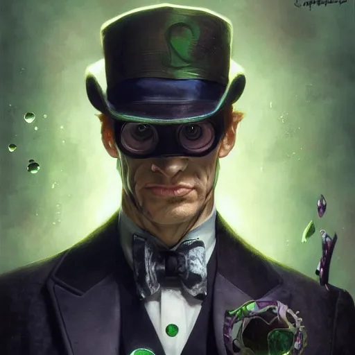 Image similar to the riddler closeup, d & d, intricate, elegant, highly detailed, digital painting, artstation, concept art, matte, sharp focus, illustration, art by artgerm and greg rutkowski and alphonse mucha