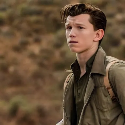 Prompt: film still of tom holland as maverick in too gun