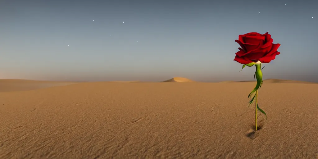 Image similar to a single red rose is growing in the middle of the desert. beautiful starry sky and sand dunes can be seen in the background. wide angle shot, 4 k, golden hour.