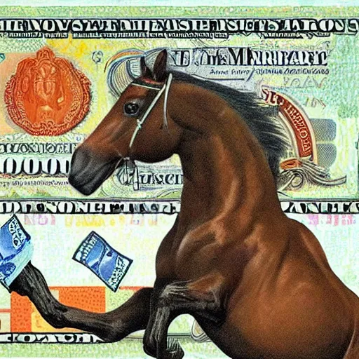 Image similar to a horse running a mortgage servicing company, but he doesn't know what he's doing, he's just a horse. the horse is confused by money