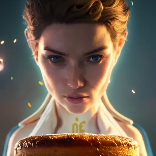 Image similar to cinematic screenshot of a delicious looking birthday cake ; crisp sharp focus ; ultra realistic, concept art, intricate details, food photography, highly detailed, photorealistic, octane render, 8 k, unreal engine. art by artgerm and greg rutkowski and charlie bowater and magali villeneuve and alphonse mucha