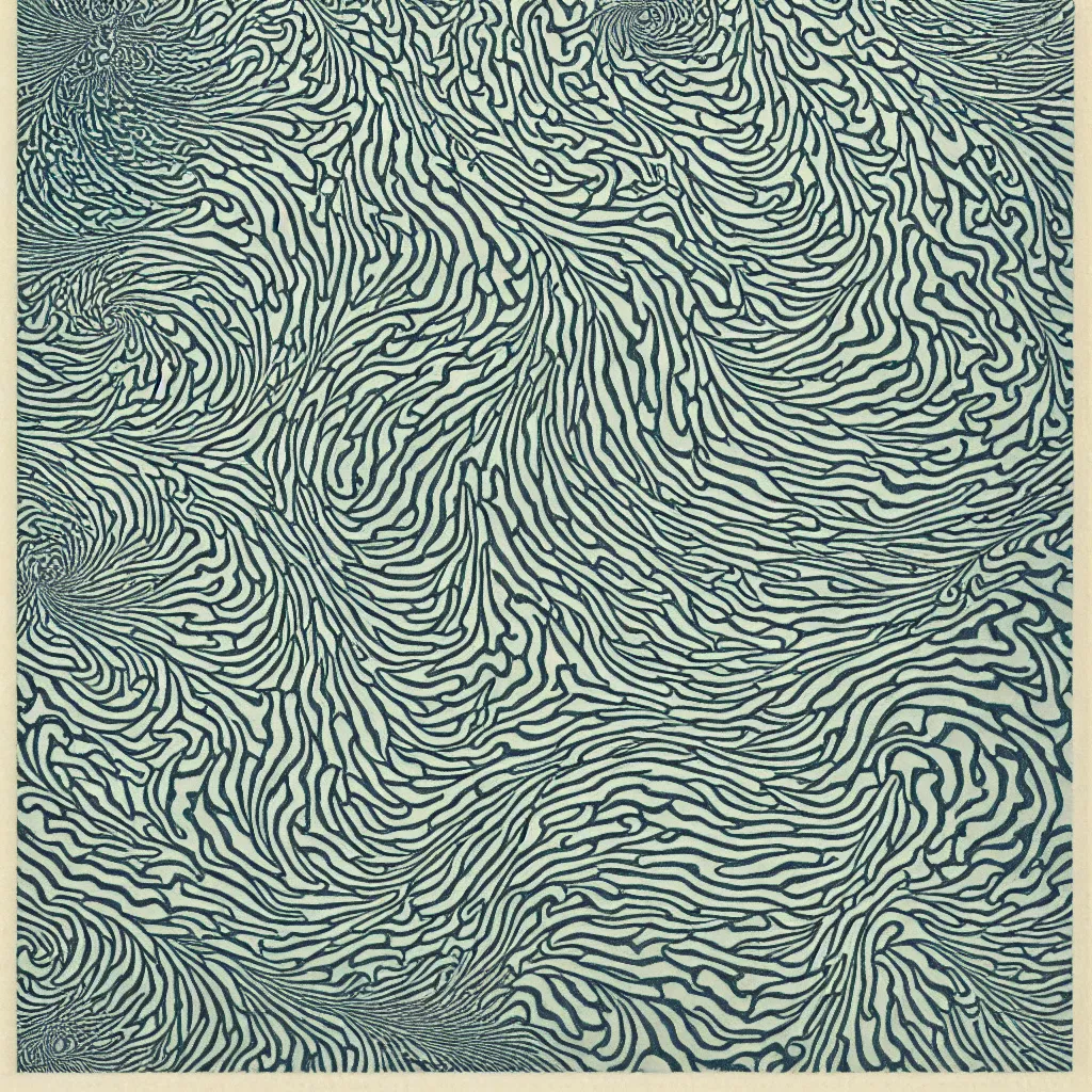 Prompt: optical illusion woodblock print, water fractal stamp pattern