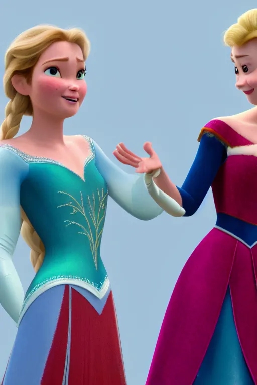 Image similar to Tessa Thompson and Evan Rachel Wood as Anna and Elsa, 3d render, Pixar