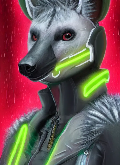 Image similar to digital painting of anthromorphic hyena female, fursona, furry fandom, neon rainy cyberpunk setting, anthro, wearing cyberpunk leather jacket, detailed face,