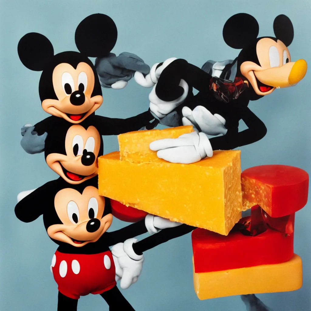 Prompt: a solo portrait of mickey mouse transformed into a block of cheese ektachrome photograph