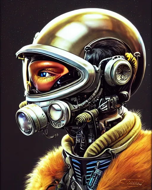 Image similar to a portrait of an anthropomorphic cyberpunk baboon in a crash helmet by sandra chevrier, detailed render, tape deck, epic composition, cybernetics, 4 k realistic, cryengine, realistic shaded lighting, sharp focus, masterpiece, by matteo scalera, gary montalbano, peter elson in the style of the tokyo ghost comic