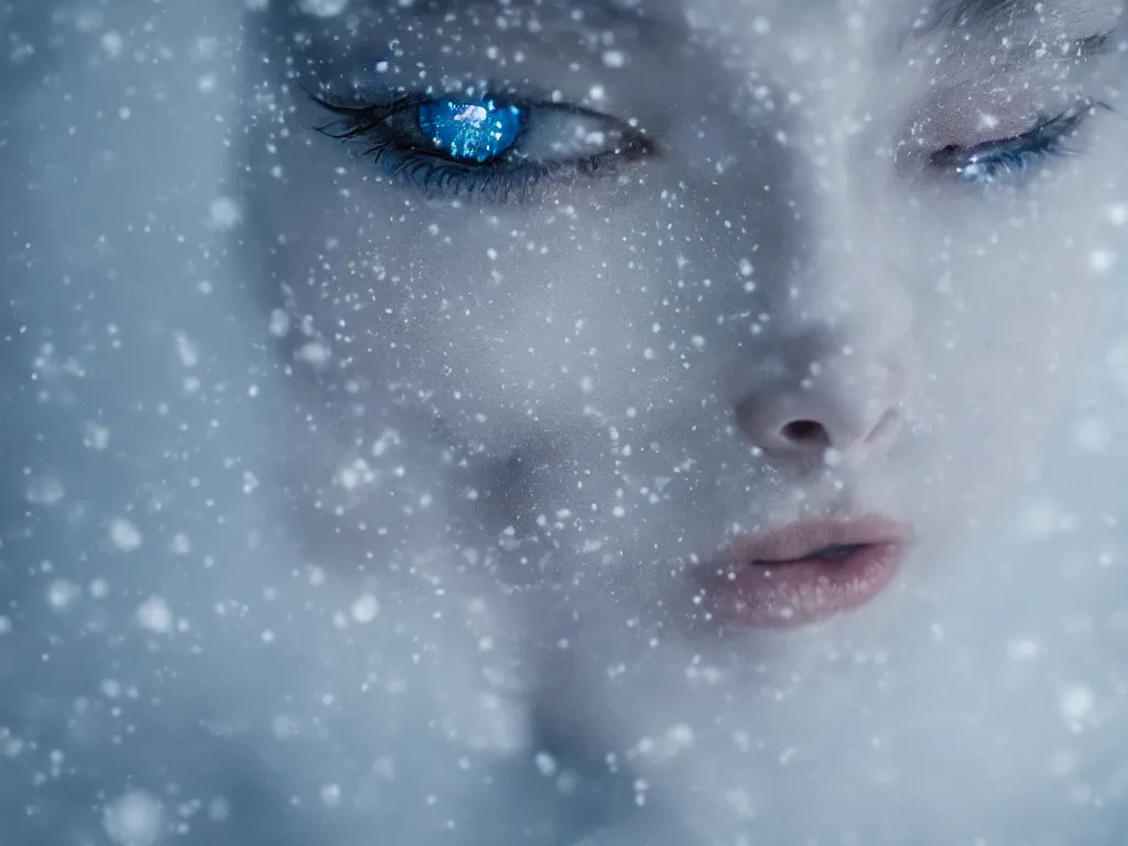 Image similar to the piercing blue eyed stare of yuki onna, blue skin, mountain blizzard and snow, canon eos r 6, bokeh, outline glow, asymmetric unnatural beauty, blue skin, centered, rule of thirds