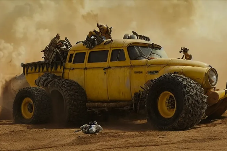 Image similar to a Minions vs super Mario , yellow and red, mechabot, in the Movie Mad Max: Fury Road 2015, epic sandstorm battle, action