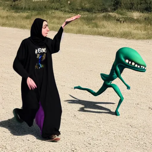 Image similar to alien next to salma haylek running from aliens