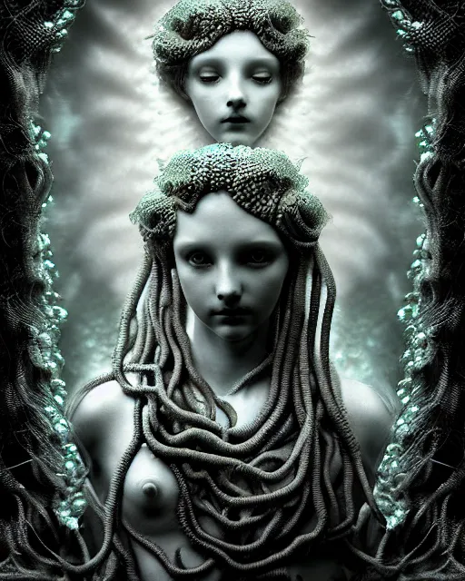 Image similar to surreal mythical dreamy underwater artistic bw photo of a beautiful young female angelic - medusa - cyborg covered with fish scales and algae, highly detailed, intricate crystal ivy jelly fish scales ornate, poetic, octane render, 8 k, photo - realistic, in the style of gustave dore and preraphaelites