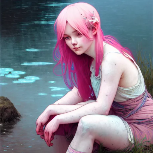 Prompt: Portrait of a girl with pink hair, sitting at the edge of a river, face, detailed, intricate, elegant, highly detailed, digital painting, artstation, concept art, smooth, sharp focus, illustration, art by Krenz Cushart and Artem Demura and alphonse mucha