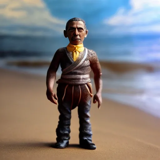 Image similar to dwarf Barak Obama on the beach, artistic, 8k, dramatic lighting