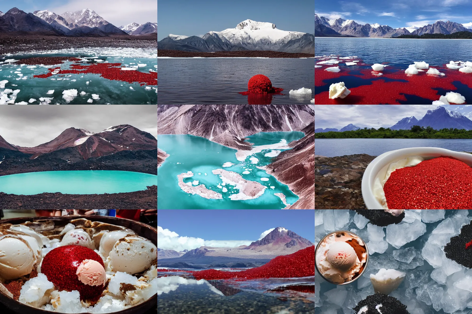 Image similar to a large island of red caviar and ice cream and brown water in the center of which there are mountains with ice cream