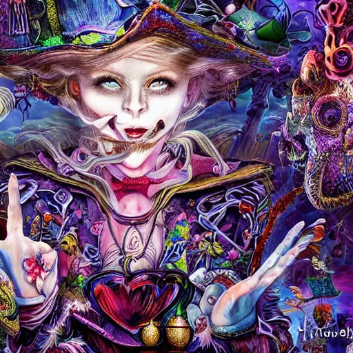 Prompt: dark fantasy, 4 k, textured 3 d, intense detail, psychedelic, alice in wonderland, white rabbit, mad hatter, amazing background, alex grey style