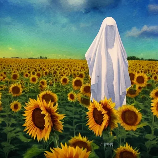 Image similar to Bedsheet Ghost in a field of sunflowers, sunset, Watercolor, photorealistic, high resolution, award winning, trending on artstation, art by artgerm