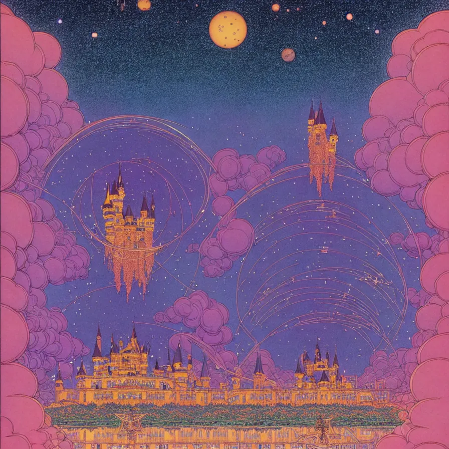 Image similar to ( ( ( ( shinning starry sky and a huge castle, with decorative frame design ) ) ) ) by mœbius!!!!!!!!!!!!!!!!!!!!!!!!!!!, overdetailed art, colorful, artistic record jacket design