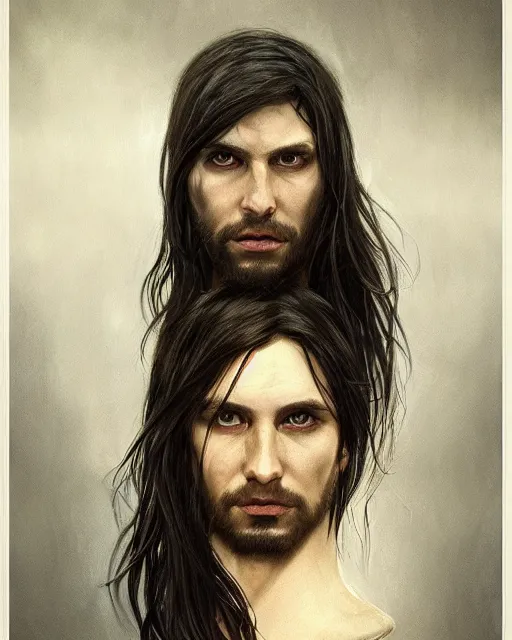 Prompt: portrait of tall, 3 3 - year - old handsome man with long black hair, grey eyes, wearing black clothes, hyper realistic face, beautiful eyes, close up, fantasy art, in the style of greg rutkowski, intricate, alphonse mucha, hyper detailed, smooth