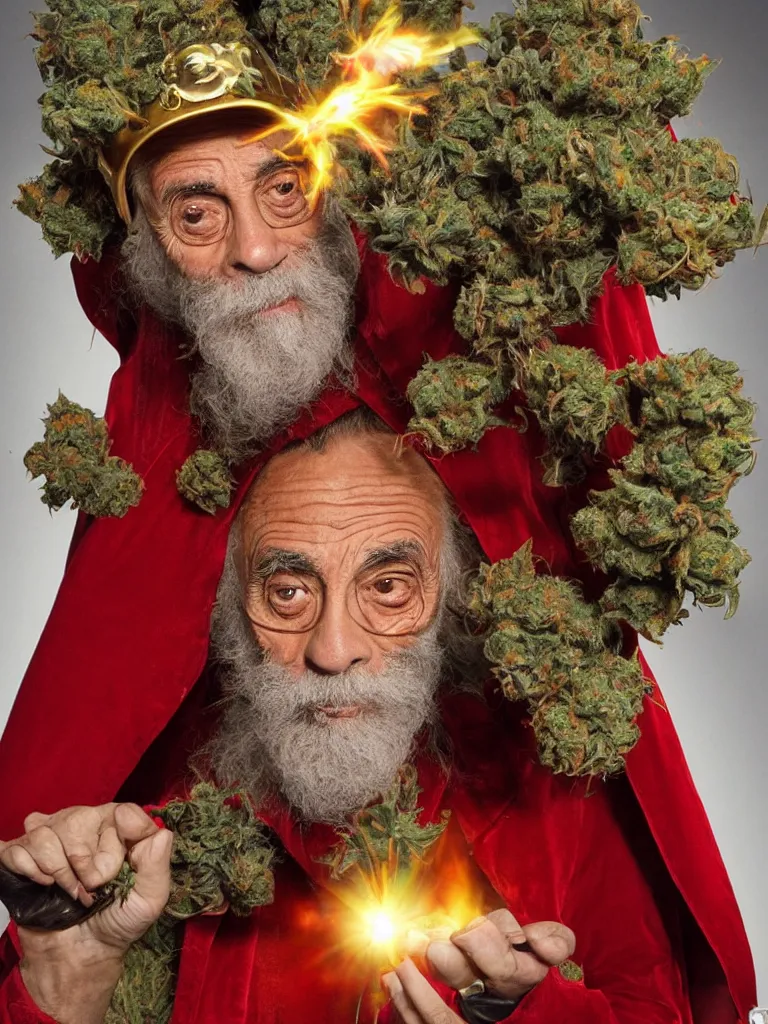Image similar to Medium shot of a typical character in the style of YES! Roundabout starts playing as a blazing hot comet hits earth, Realistic, HDR, HDD, Real Event, Caught by James Webb Telescope 420 High Times Magazine King Tommy Chong wears a doublet whilst wearing a red velvet cape and OG Kush Indica cannabis helmet alexandre benois edward julius detmold jehan choo jeff simpson raphael lacoste guillem h. pongiluppi grisaille