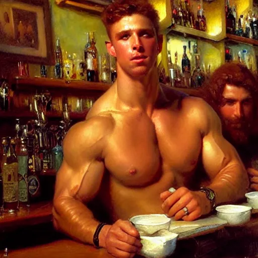 Image similar to attractive muscular mike with ginger hair with muscular attractive tyler with brunet hair, drinking their hearts out, in a pub. very defined and highly detailed painting by gaston bussiere, j. c. leyendecker, craig mullins 8 k