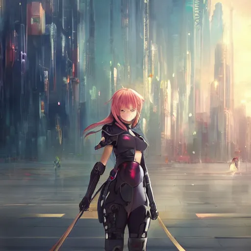 Image similar to A realistic anime painting of a beautiful female knight standing in a futuristic city. digital painting by Sakimichan, Makoto Shinkai, WLOP, Rossdraws, Pixivs and , digital painting. trending on Pixiv. SFW version —H 1080 —W 1920