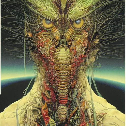 Image similar to hyper realistic portrait of a non - human predatory alien. an award winning yoshitaka amano digital art poster, by james gurney and gerhard richter. art by takato yamamoto. masterpiece, rich colours.