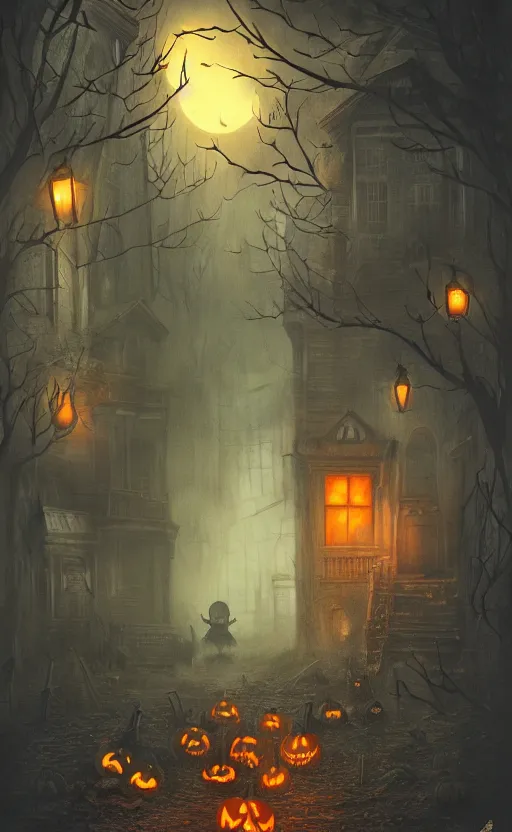 Image similar to a creepy and eery Halloween setting, with Jack o lanterns on the street and shadow figures lurking about, dynamic lighting, photorealistic fantasy concept art, stunning visuals, creative, cinematic, ultra detailed, trending on art station, spooky vibe