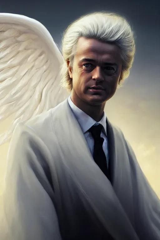 Image similar to geert wilders as an angel, anatomy, bathed in light, highly detailed, photorealistic, artstation, smooth, sharp focus, illustration, unreal engine 5, 8 k, art by artgerm and greg rutkowski and edgar maxence