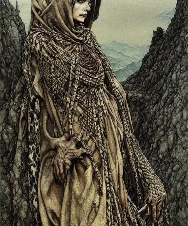 Prompt: A detailed snakewoman stands among the hills. Wearing a ripped mantle, robe. Perfect faces, extremely high details, realistic, fantasy art, solo, masterpiece, art by Zdzisław Beksiński, Arthur Rackham, Dariusz Zawadzki