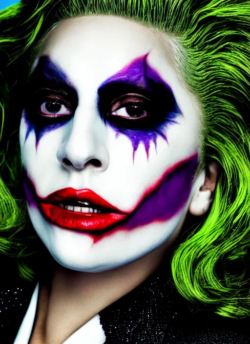 Prompt: photo of Lady Gaga as the Joker by Eolo Perfido and Mario Testino, smile, head shot, detailed, award winning, Sony a7R