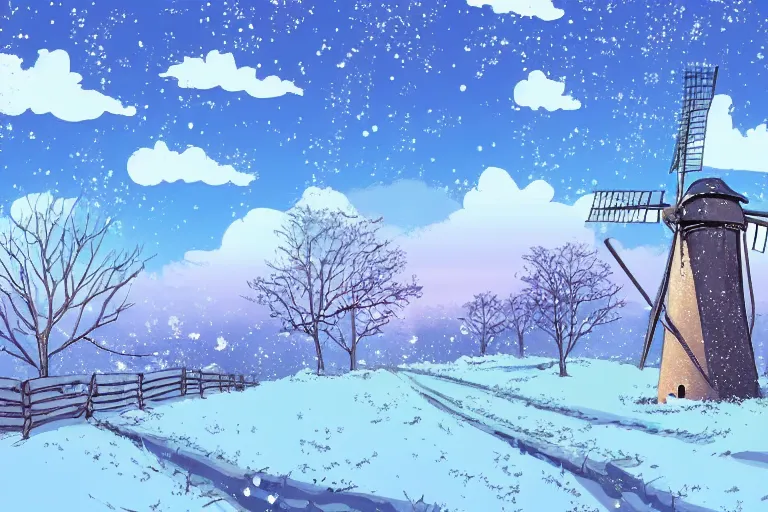 Image similar to beautiful countryside background with a windmill by studio ghibli, cute, winter