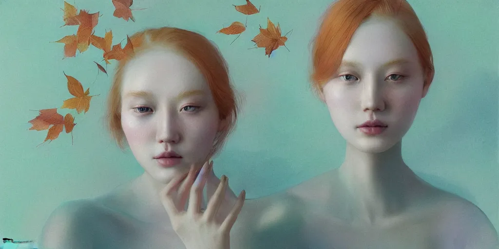 Image similar to highly detailed pastel colors of an ethereal ginger beauty morphing gradually into autumn leaves, by hsiao - ron cheng, smooth composition, fine detail