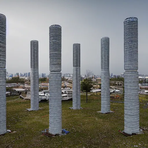 Image similar to multiple towers made up of squatter housing, sony a 7 r 3, f 2 2, fully frontal view, photographed by wolfgang tillmans, ultra detailed,