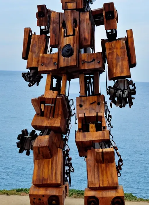 Prompt: A giant wooden bipedal autobot transformer made out of pirate ship, canons on arms, wooden mast for legs, sails, digital art