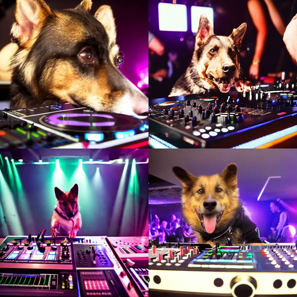 Prompt: an alsatian dog djing in a nightclub