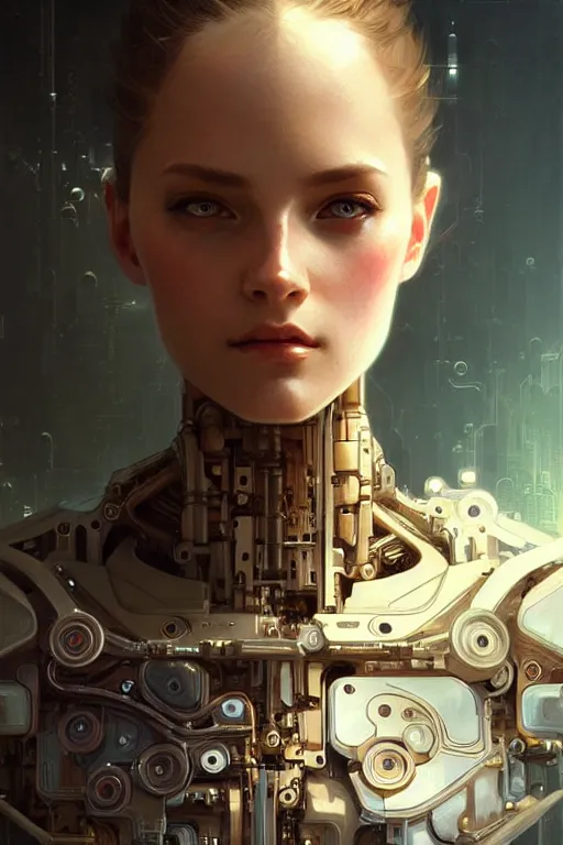 Image similar to beautiful female mechanical android!, half portrait, intricate detailed environment, photorealistic!, intricate, elegant, highly detailed, digital painting, artstation, concept art, smooth, sharp focus, illustration, art by artgerm and greg rutkowski and alphonse mucha