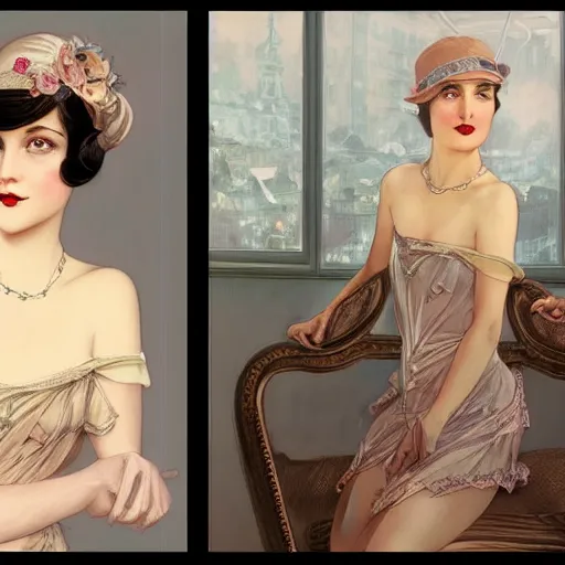 Image similar to 1920s girl ready for fancy afternoon tea with friends, highly detailed, digital painting, cgsociety, concept art, sharp focus, illustration, art by artgerm and greg rutkowski and alphonse mucha