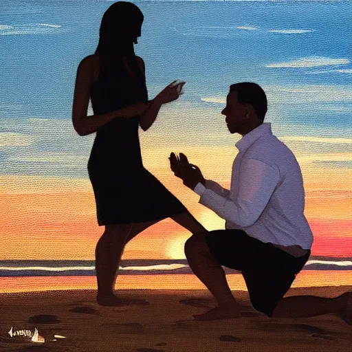 Prompt: man wearing white dress shirt kneeling and proposing to his fiance on a beach with a sunset, acrylic painting,