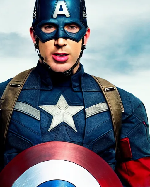 Prompt: film still close - up shot of radios finest chris evans as captain america from the movie captain america : the first avenger. photographic, photography