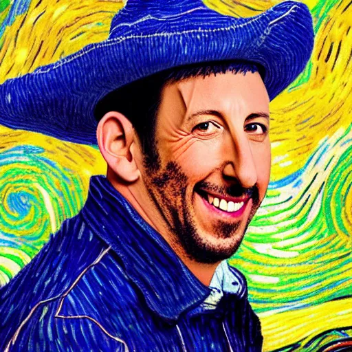 Image similar to adam sandler in a van gogh painting, 4 k, hyper realistic, dslr, high resolution, landscape, beautiful