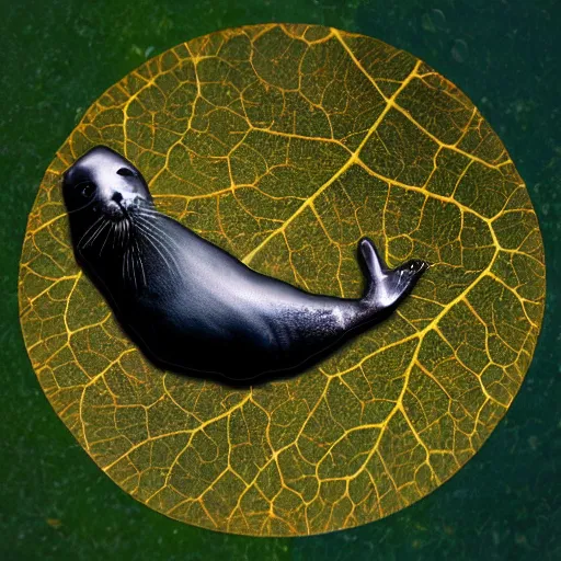 Prompt: seal melted leaf liquephotographs submerged digitalart